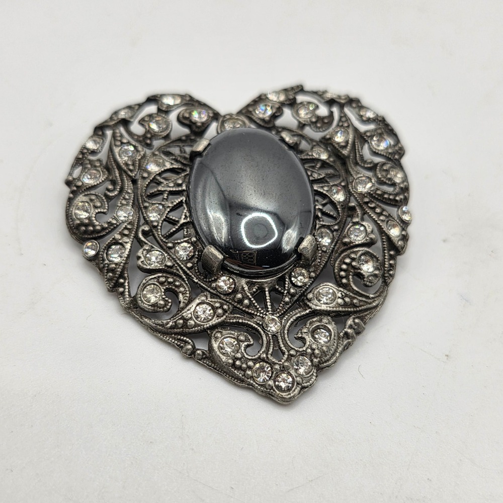 Vintage Lazuli Heart Brooch Hematite Cabochon Rhinestone Filigree Silver Pin